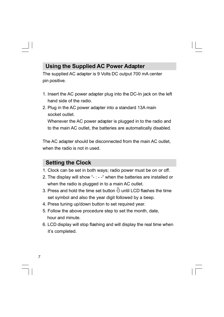 Using the supplied ac power adapter, Setting the clock | Sangean PR-D8 (R2) User Manual | Page 8 / 32