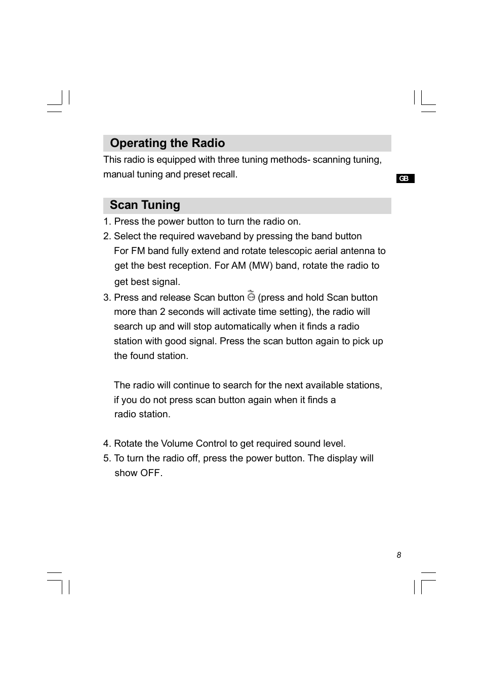 Operating the radio, Scan tuning | Sangean PR-D8 (R2) User Manual | Page 9 / 32