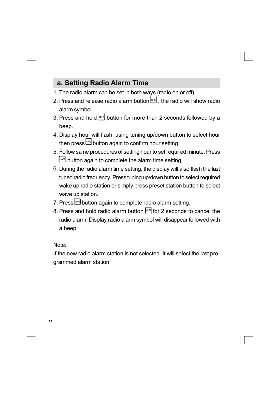 A. setting radio alarm time | Sangean PR-D8 (R3) User Manual | Page 12 / 32