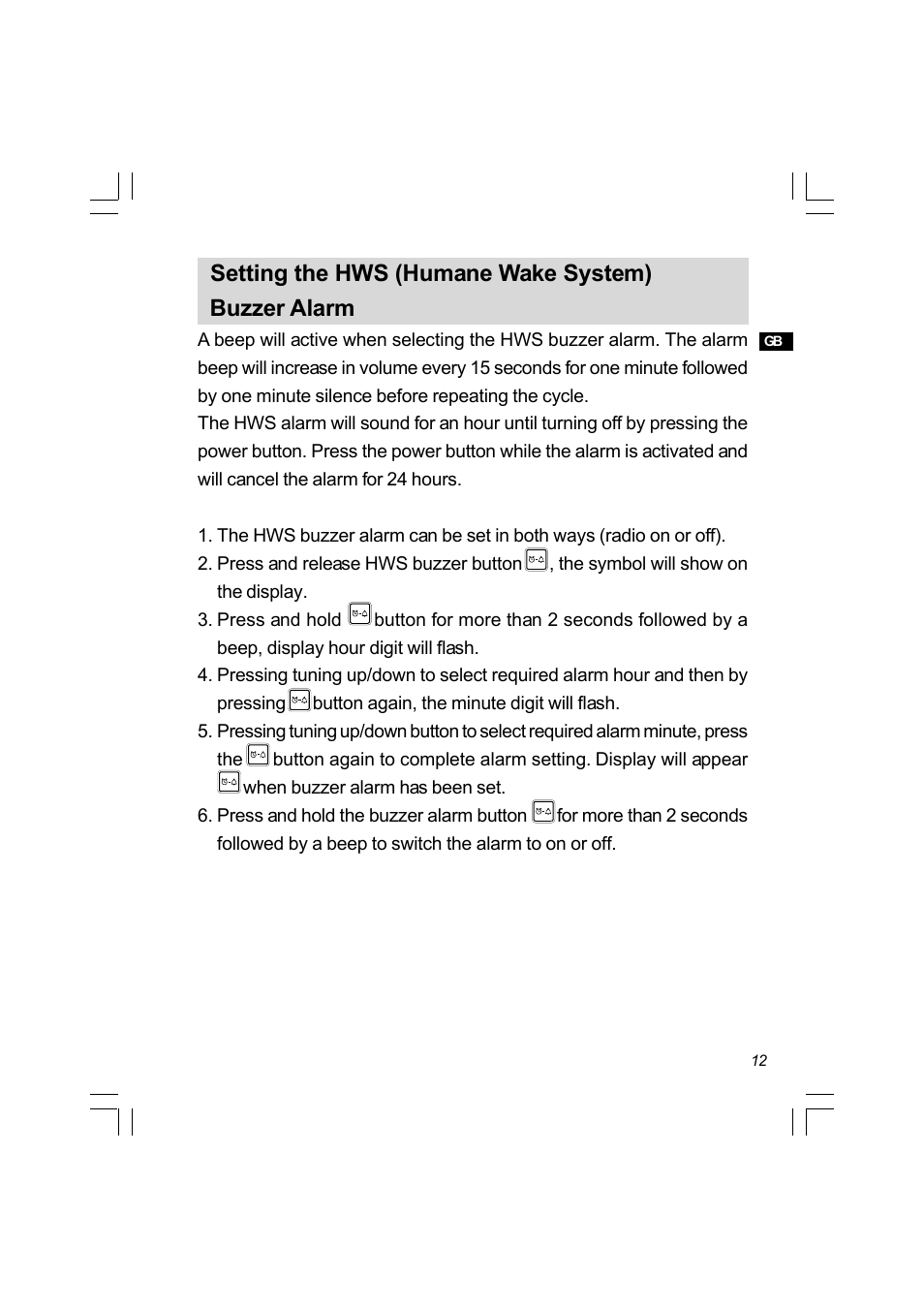 Setting the hws (humane wake system) buzzer alarm | Sangean PR-D8 (R3) User Manual | Page 13 / 32