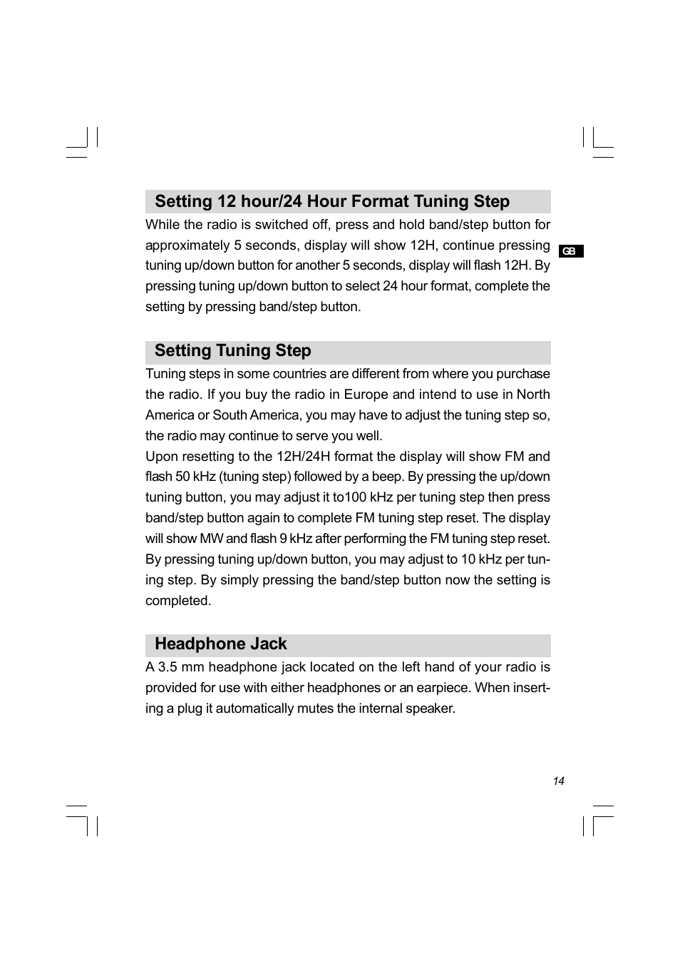 Setting 12 hour/24 hour format tuning step, Setting tuning step, Headphone jack | Sangean PR-D8 (R3) User Manual | Page 15 / 32