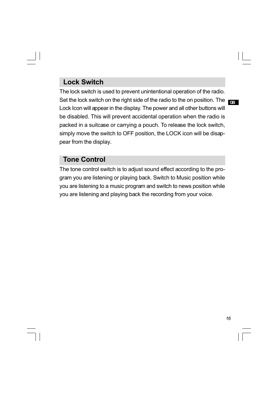 Lock switch, Tone control | Sangean PR-D8 (R3) User Manual | Page 17 / 32