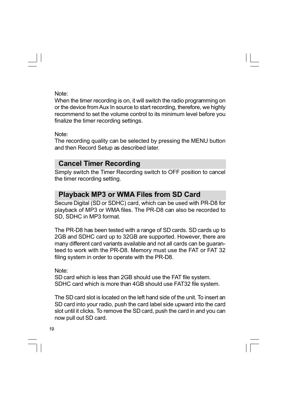 Cancel timer recording, Playback mp3 or wma files from sd card | Sangean PR-D8 (R3) User Manual | Page 20 / 32