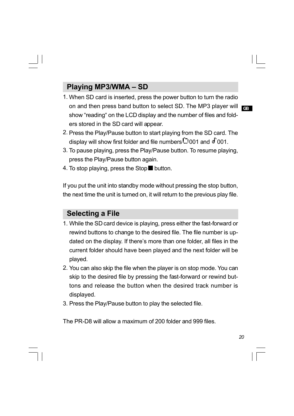 Playing mp3/wma – sd, Selecting a file | Sangean PR-D8 (R3) User Manual | Page 21 / 32