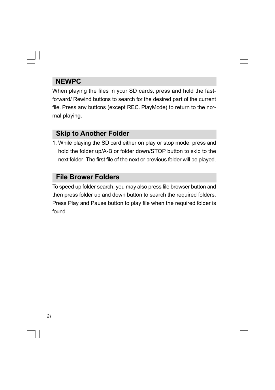 Newpc, Skip to another folder, File brower folders | Sangean PR-D8 (R3) User Manual | Page 22 / 32