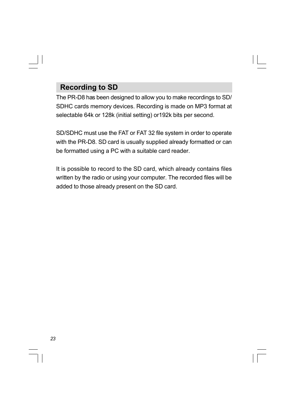 Recording to sd | Sangean PR-D8 (R3) User Manual | Page 24 / 32