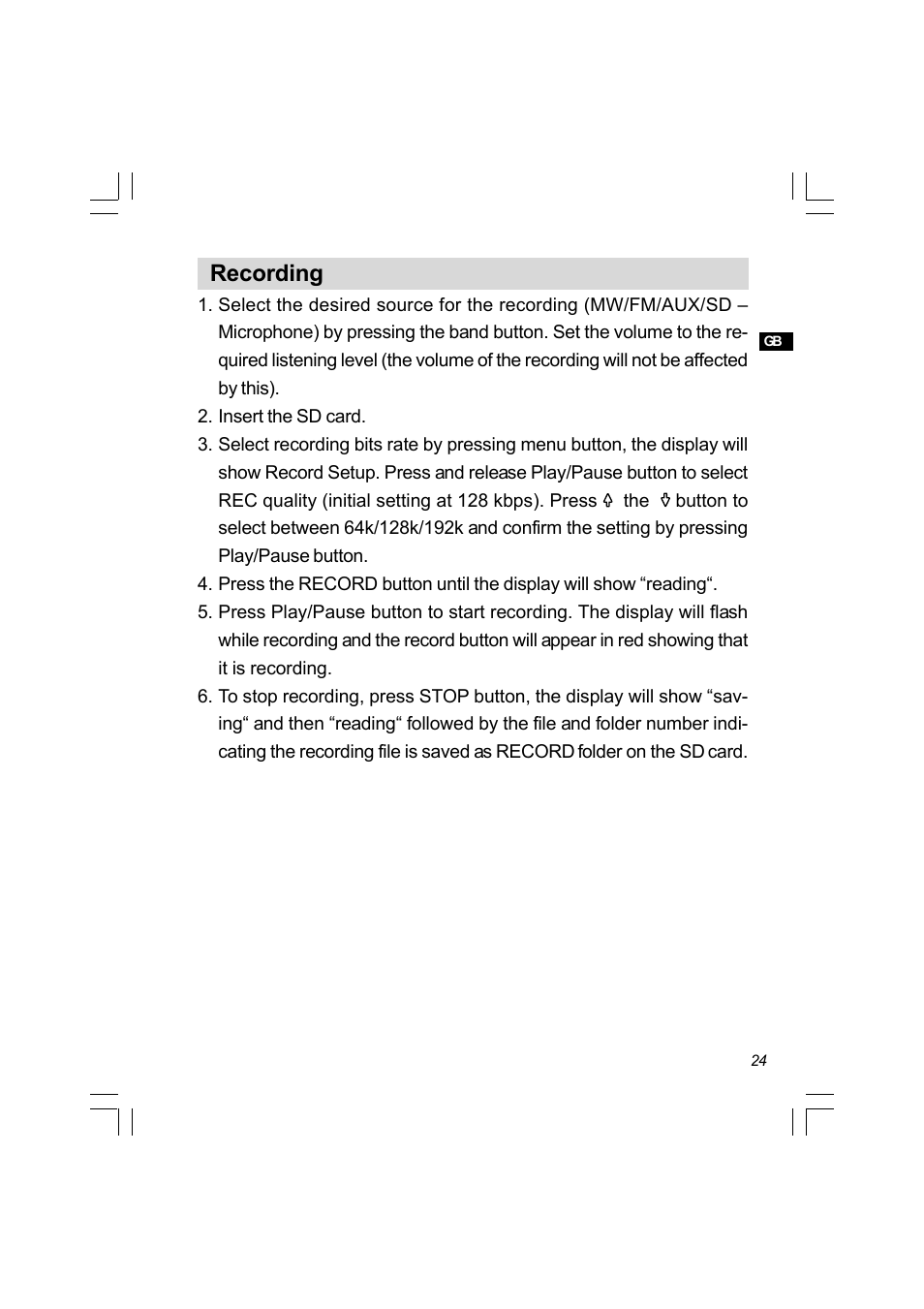 Recording | Sangean PR-D8 (R3) User Manual | Page 25 / 32