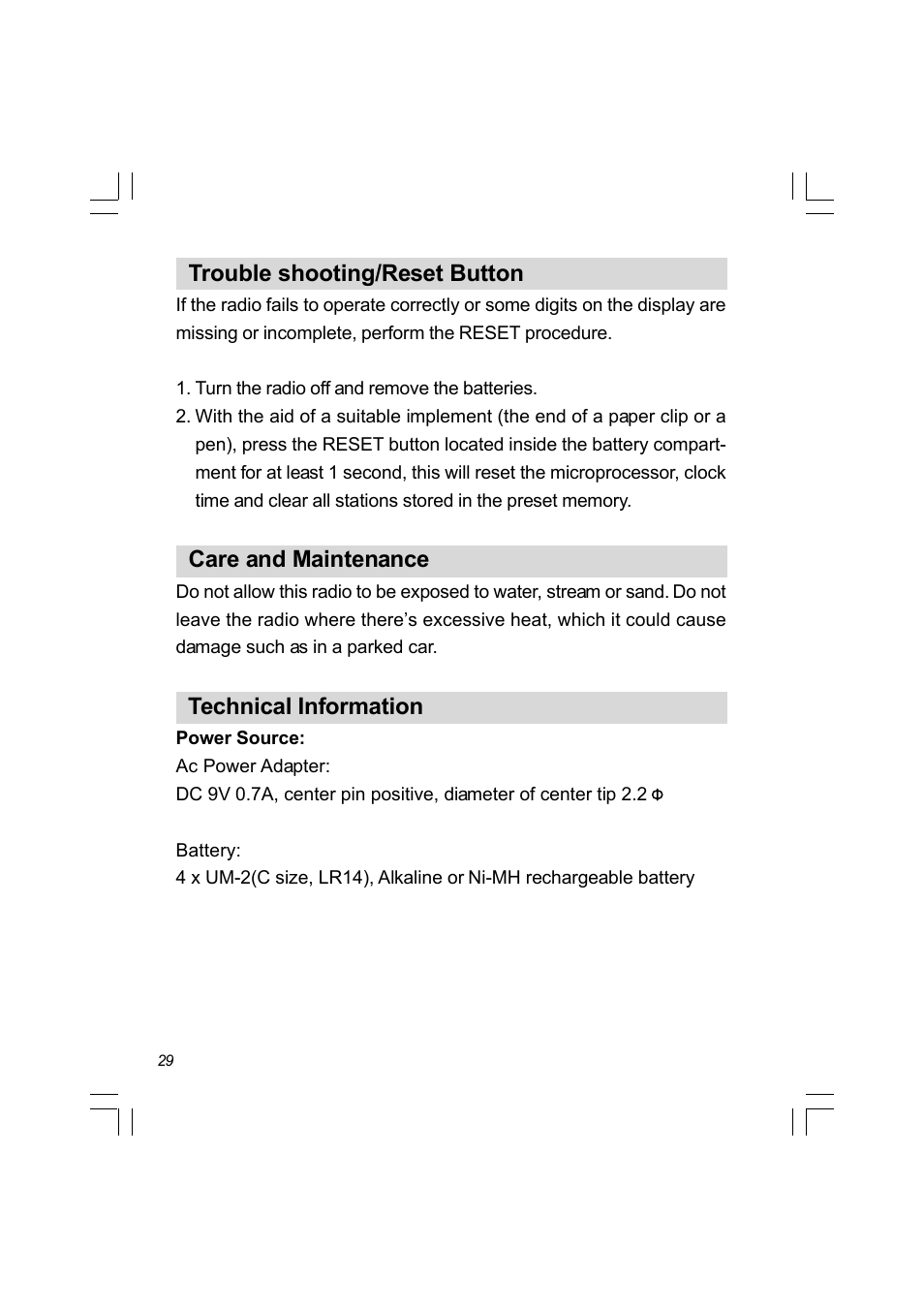 Trouble shooting/reset button, Care and maintenance, Technical information | Sangean PR-D8 (R3) User Manual | Page 30 / 32