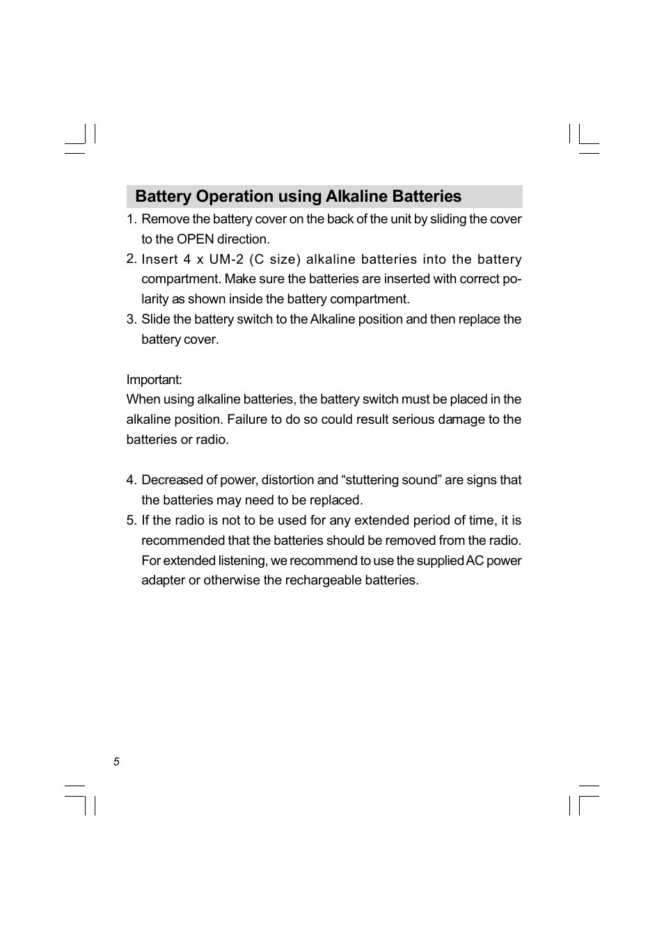 Battery operation using alkaline batteries | Sangean PR-D8 (R3) User Manual | Page 6 / 32