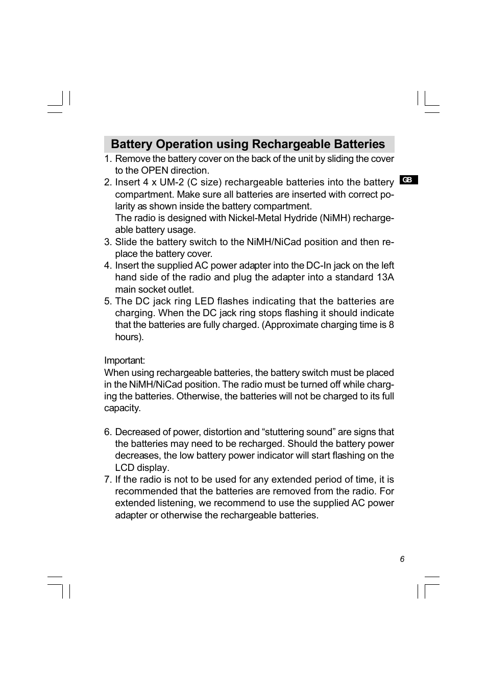 Battery operation using rechargeable batteries | Sangean PR-D8 (R3) User Manual | Page 7 / 32