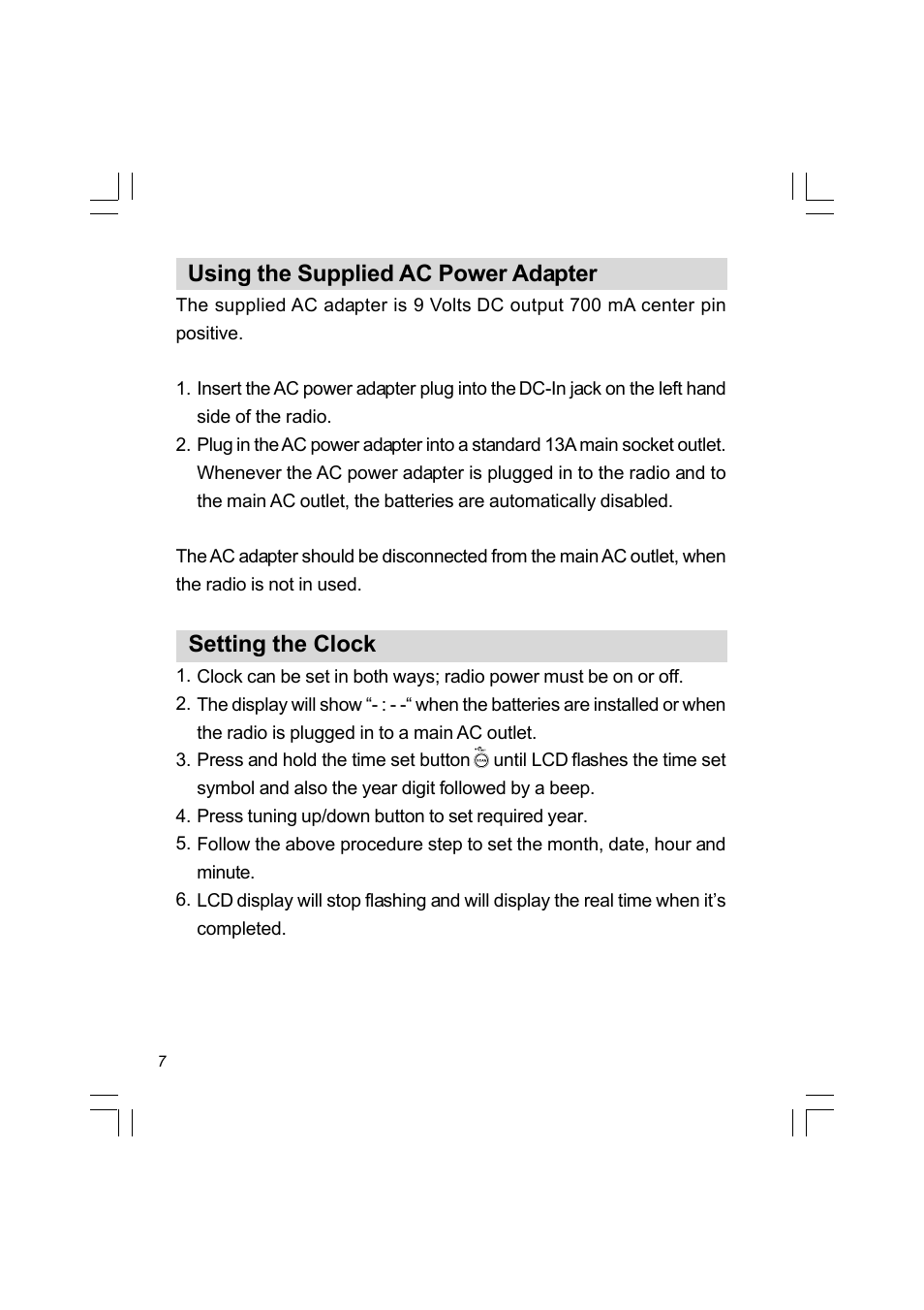 Using the supplied ac power adapter, Setting the clock | Sangean PR-D8 (R3) User Manual | Page 8 / 32