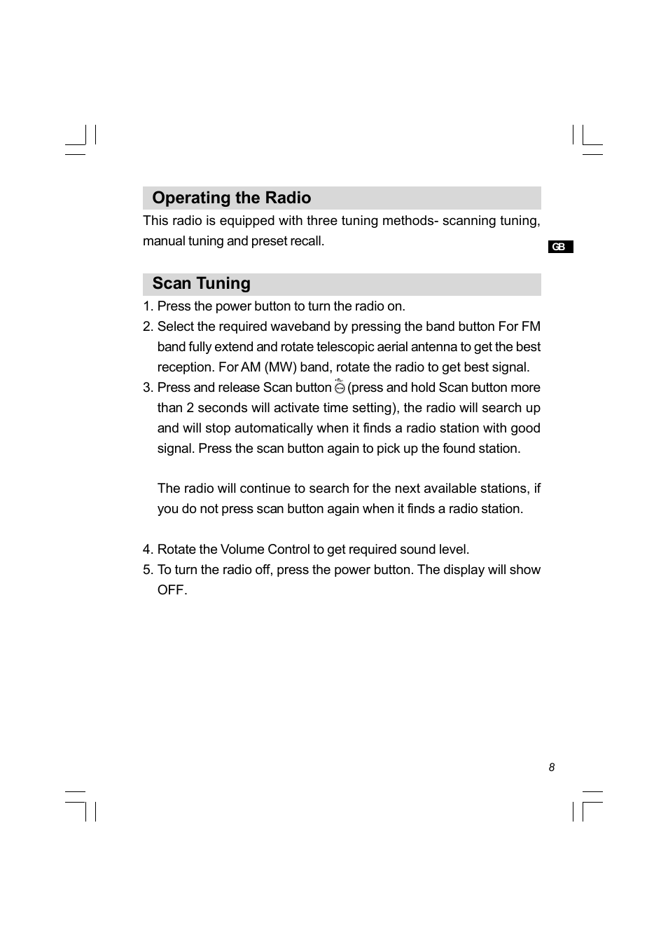 Operating the radio, Scan tuning | Sangean PR-D8 (R3) User Manual | Page 9 / 32