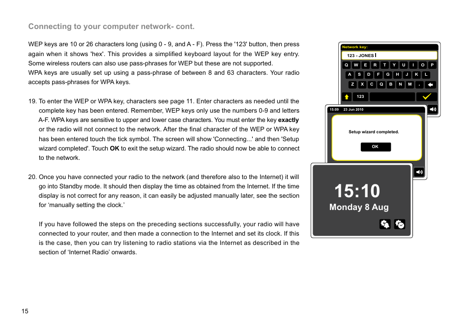 Monday 8 aug, Connecting to your computer network- cont | Sangean WFR-2D V.1 User Manual | Page 16 / 84