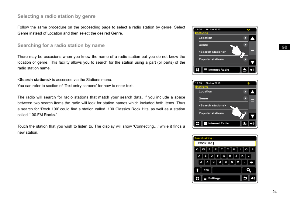 Selecting a radio station by genre, Searching for a radio station by name | Sangean WFR-2D V.1 User Manual | Page 25 / 84