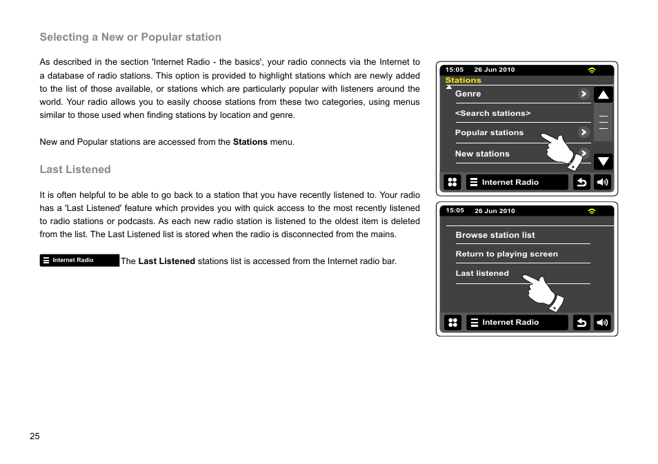 Selecting a new or popular station, Last listened | Sangean WFR-2D V.1 User Manual | Page 26 / 84