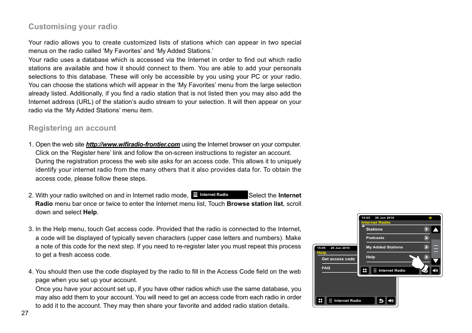 Customising your radio, Registering an account | Sangean WFR-2D V.1 User Manual | Page 28 / 84