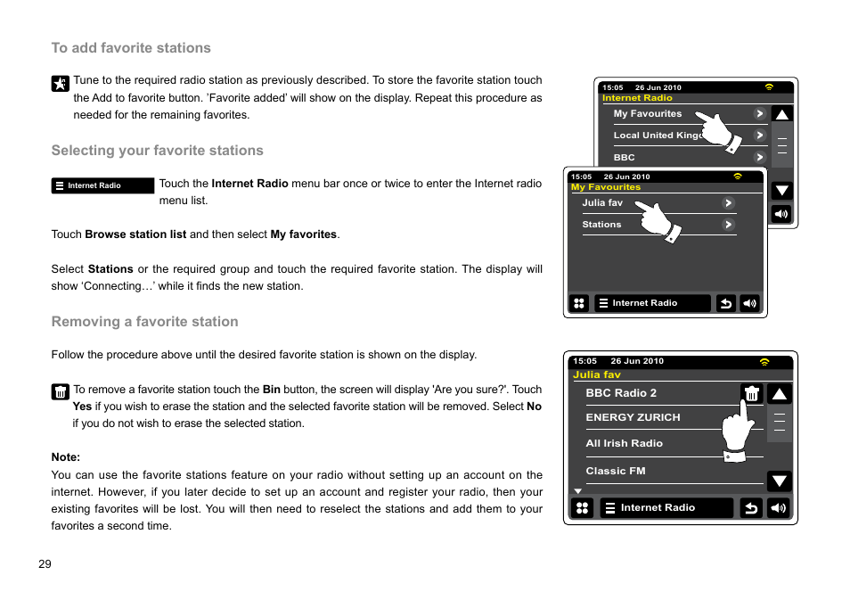 Selecting your favorite stations, Removing a favorite station | Sangean WFR-2D V.1 User Manual | Page 30 / 84