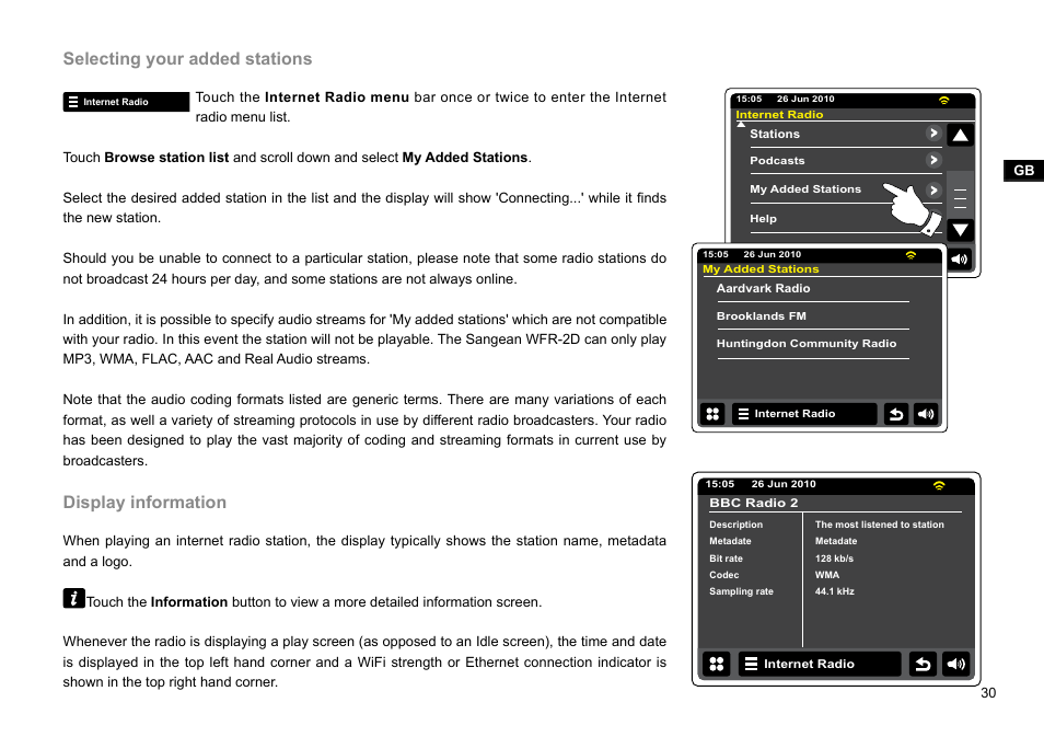 Selecting your added stations, Display information | Sangean WFR-2D V.1 User Manual | Page 31 / 84