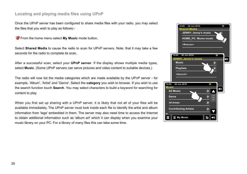 Locating and playing media files using upnp | Sangean WFR-2D V.1 User Manual | Page 36 / 84