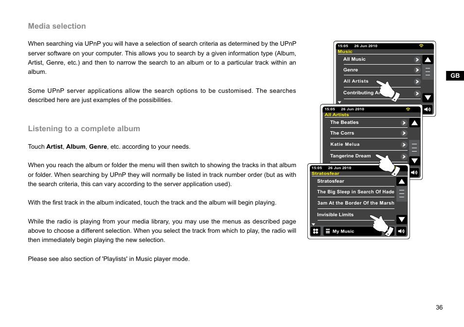 Media selection, Listening to a complete album | Sangean WFR-2D V.1 User Manual | Page 37 / 84
