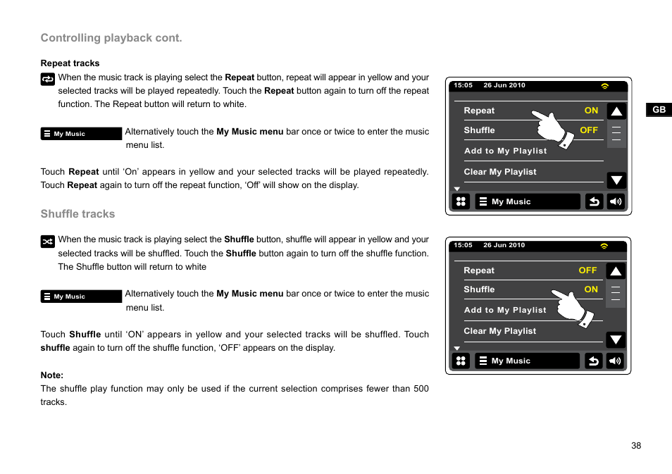 Controlling playback cont, Shuffle tracks | Sangean WFR-2D V.1 User Manual | Page 39 / 84