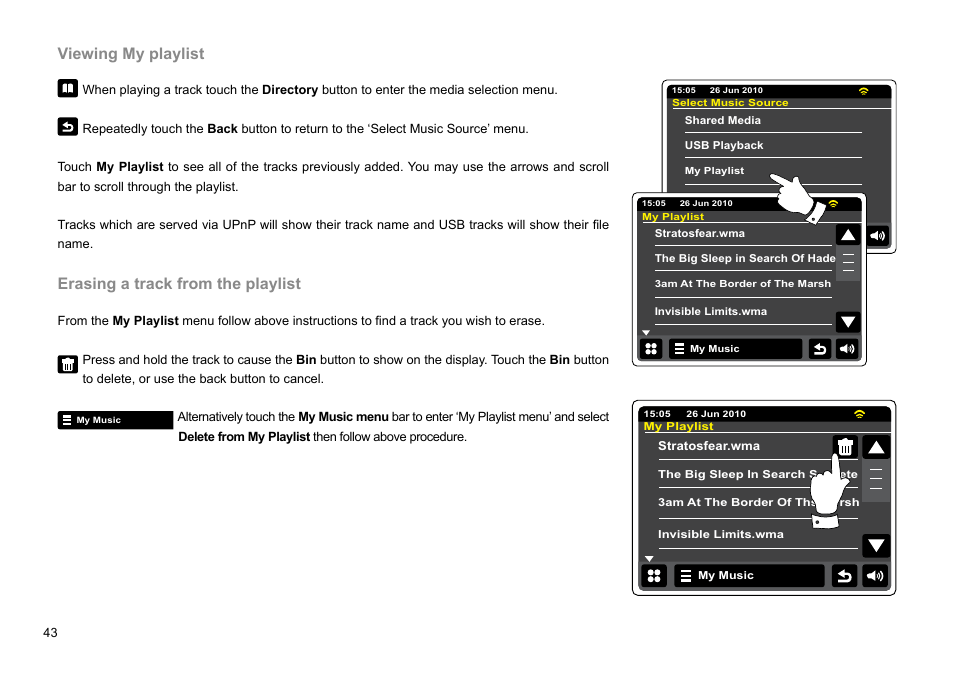 Viewing my playlist, Erasing a track from the playlist | Sangean WFR-2D V.1 User Manual | Page 44 / 84