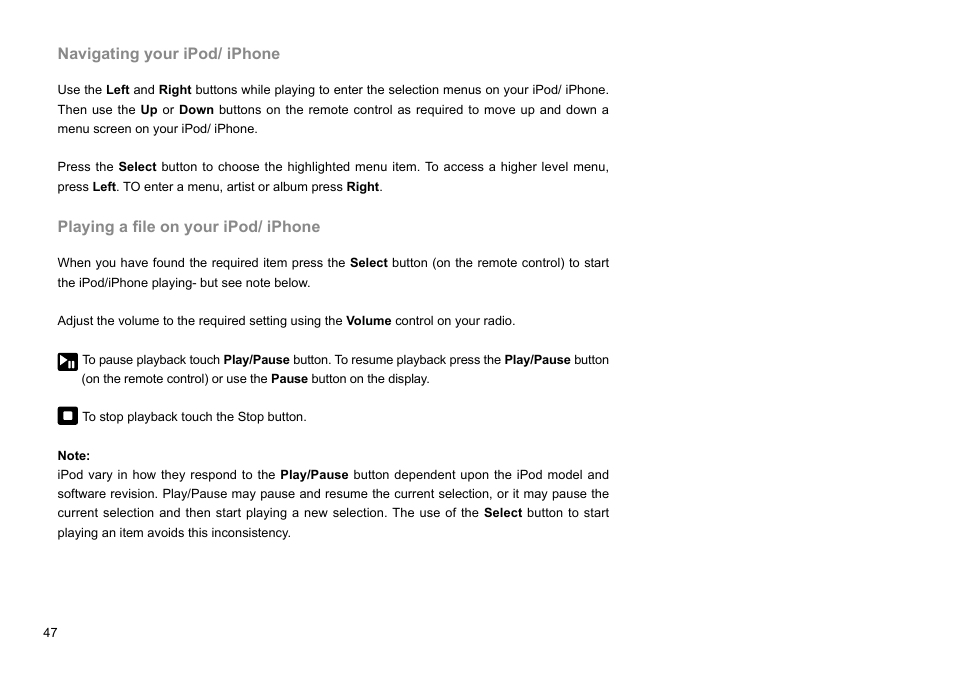 Navigating your ipod/ iphone, Playing a file on your ipod/ iphone | Sangean WFR-2D V.1 User Manual | Page 48 / 84