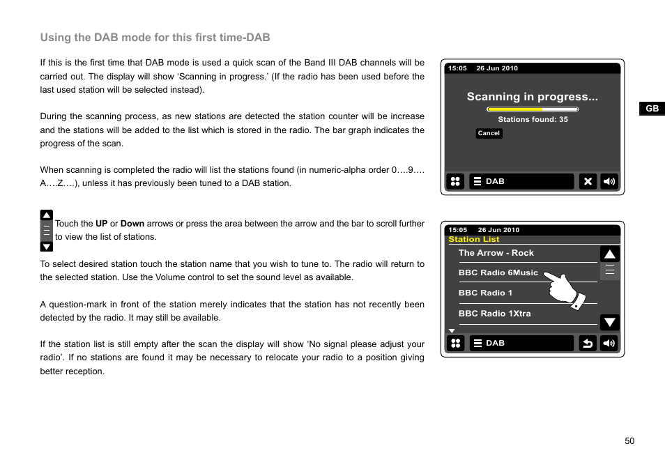 Using the dab mode for this first time-dab, Scanning in progress | Sangean WFR-2D V.1 User Manual | Page 51 / 84
