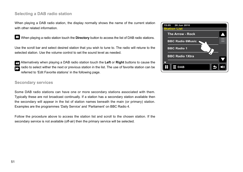 Selecting a dab radio station, Secondary services | Sangean WFR-2D V.1 User Manual | Page 52 / 84