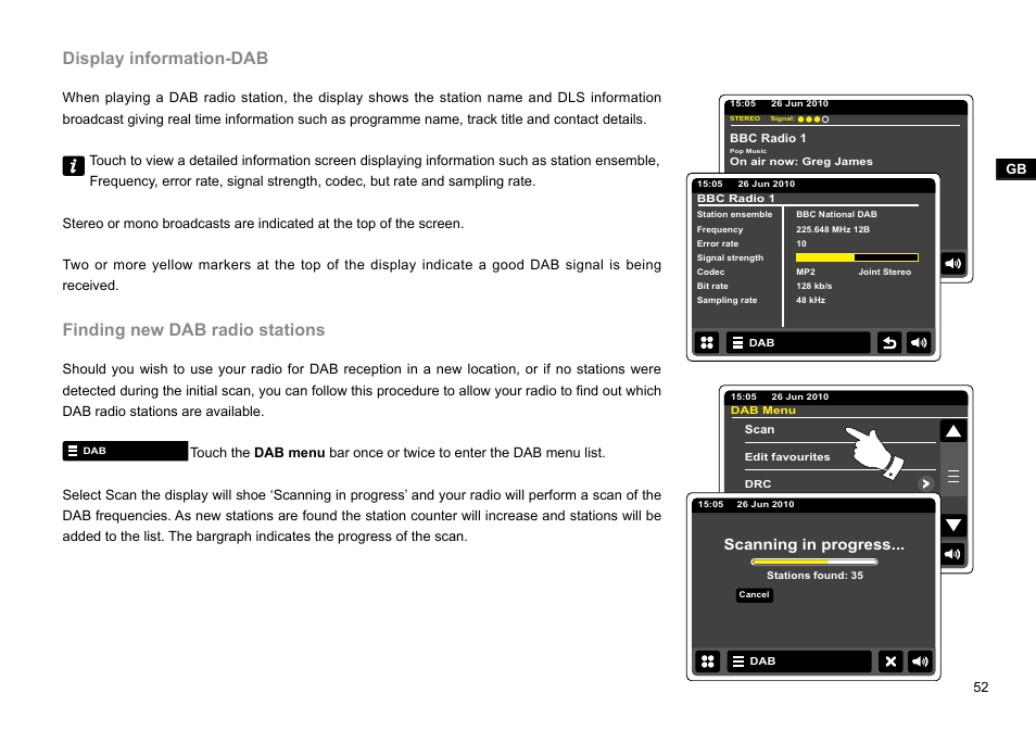 Display information-dab, Finding new dab radio stations, Scanning in progress | Sangean WFR-2D V.1 User Manual | Page 53 / 84