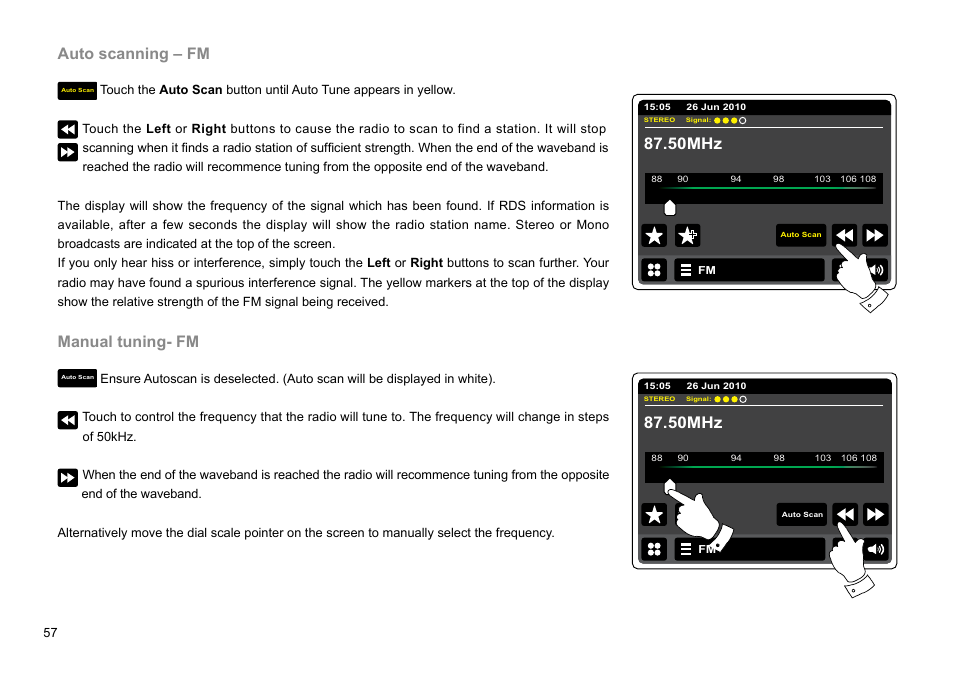 Auto scanning – fm, Manual tuning- fm, 50mhz | Sangean WFR-2D V.1 User Manual | Page 58 / 84