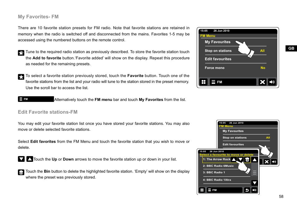 My favorites- fm, Edit favorite stations-fm | Sangean WFR-2D V.1 User Manual | Page 59 / 84