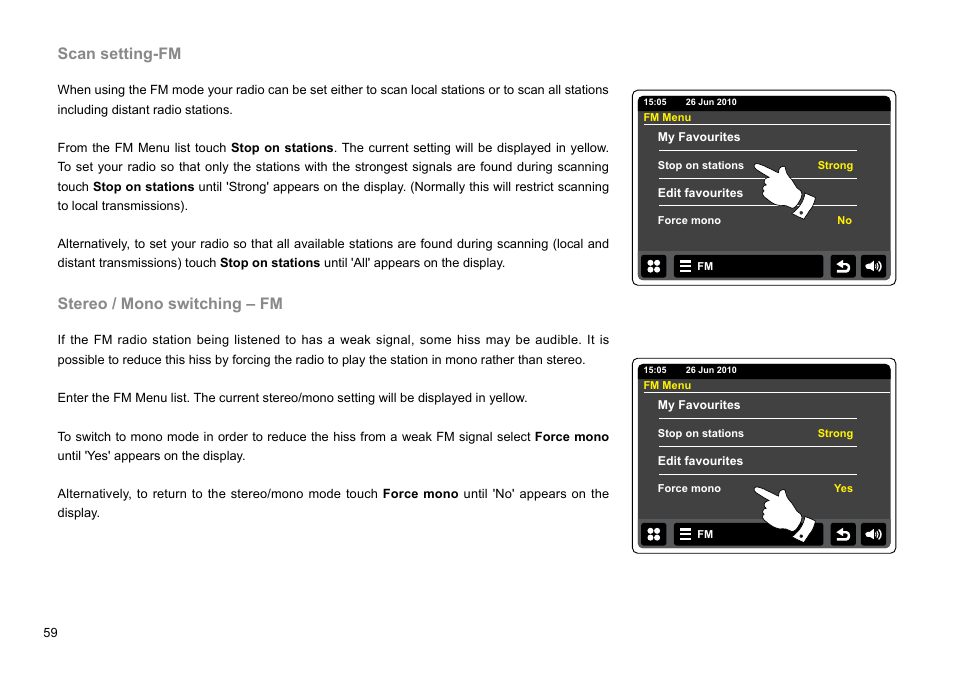 Scan setting-fm, Stereo / mono switching – fm | Sangean WFR-2D V.1 User Manual | Page 60 / 84