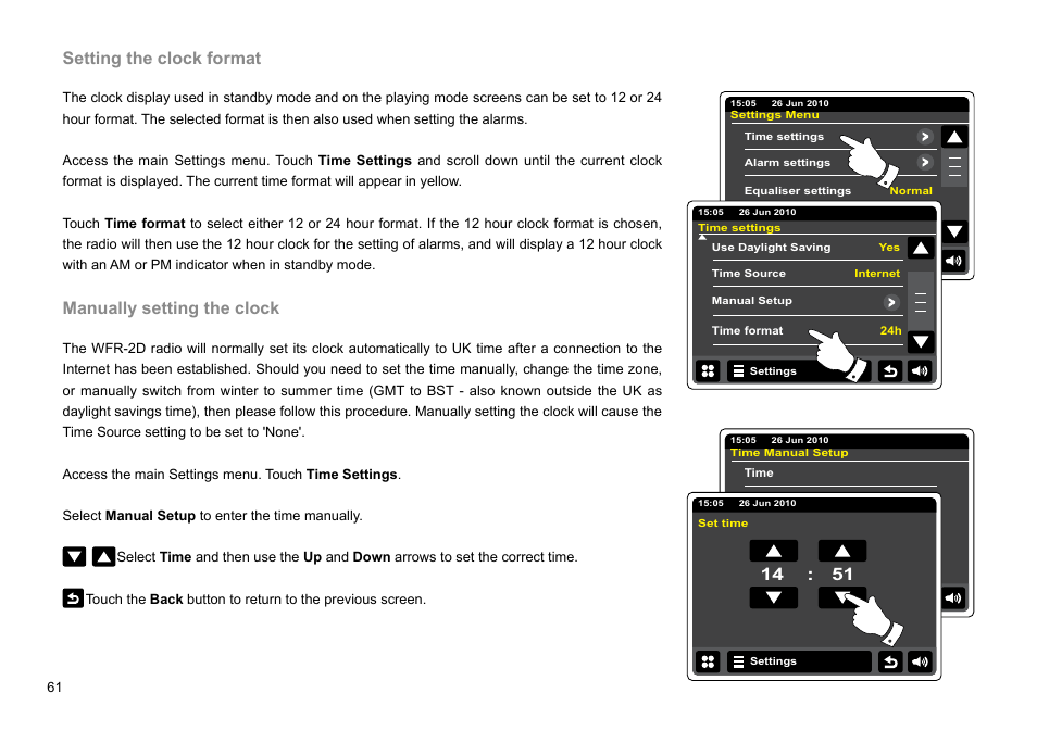 Setting the clock format, Manually setting the clock | Sangean WFR-2D V.1 User Manual | Page 62 / 84