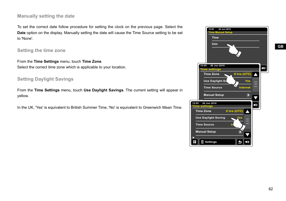 Manually setting the date, Setting the time zone, Setting daylight savings | Sangean WFR-2D V.1 User Manual | Page 63 / 84