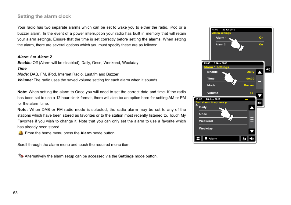 Setting the alarm clock | Sangean WFR-2D V.1 User Manual | Page 64 / 84
