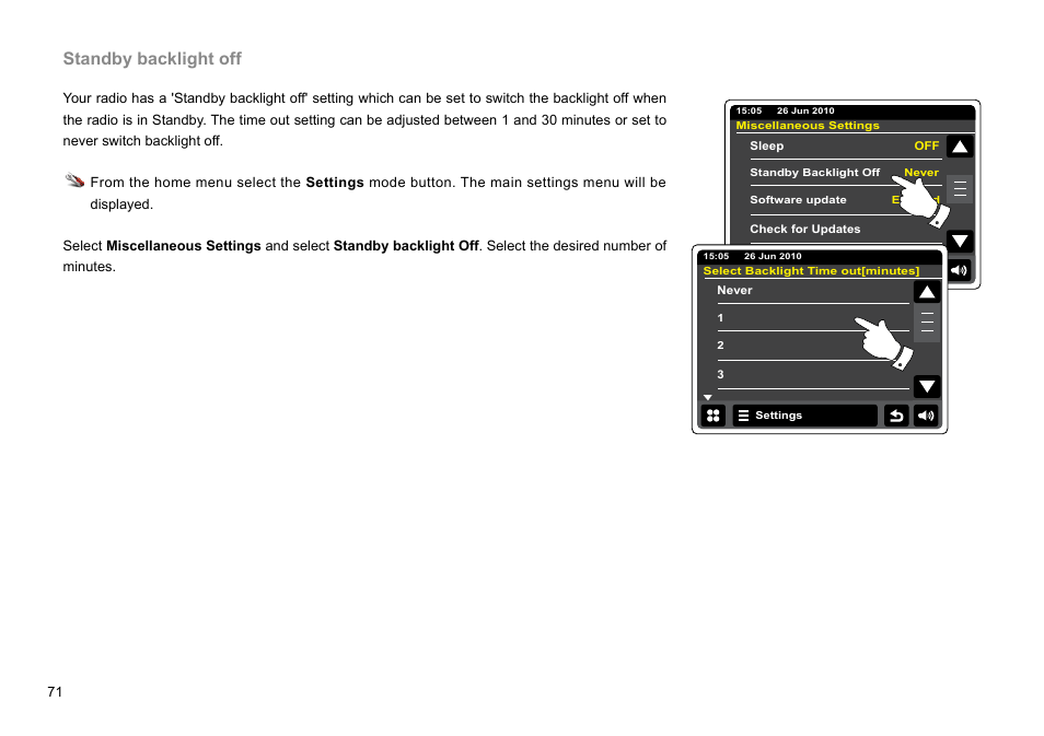 Standby backlight off | Sangean WFR-2D V.1 User Manual | Page 72 / 84