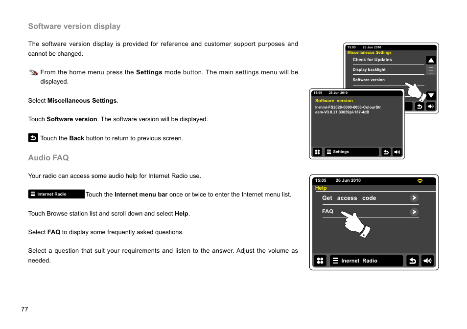 Software version display, Audio faq | Sangean WFR-2D V.1 User Manual | Page 78 / 84