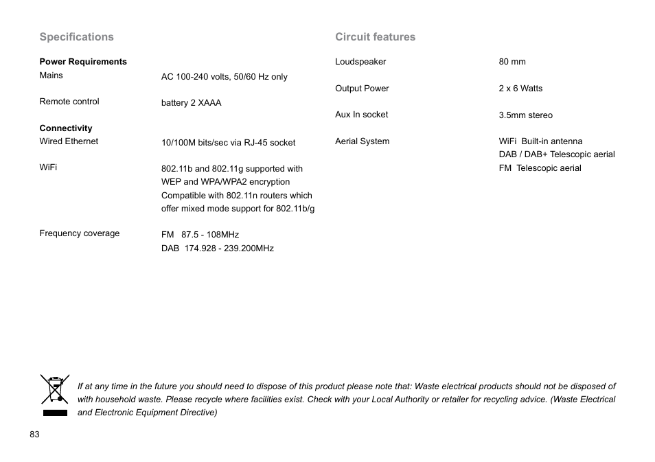 Specifications, Circuit features | Sangean WFR-2D V.1 User Manual | Page 84 / 84