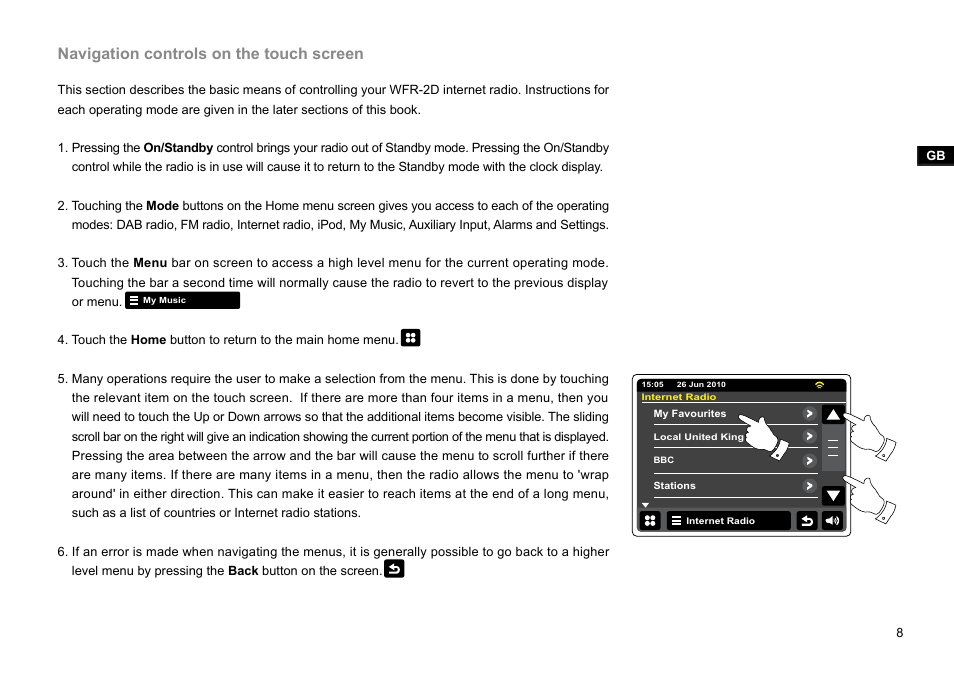 Navigation controls on the touch screen | Sangean WFR-2D V.1 User Manual | Page 9 / 84