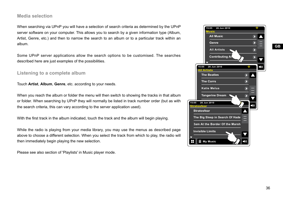 Media selection, Listening to a complete album | Sangean WFT-2D (V1) User Manual | Page 37 / 80