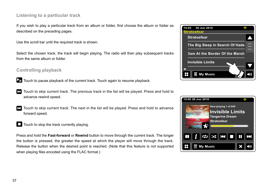 Listening to a particular track, Controlling playback | Sangean WFT-2D (V1) User Manual | Page 38 / 80