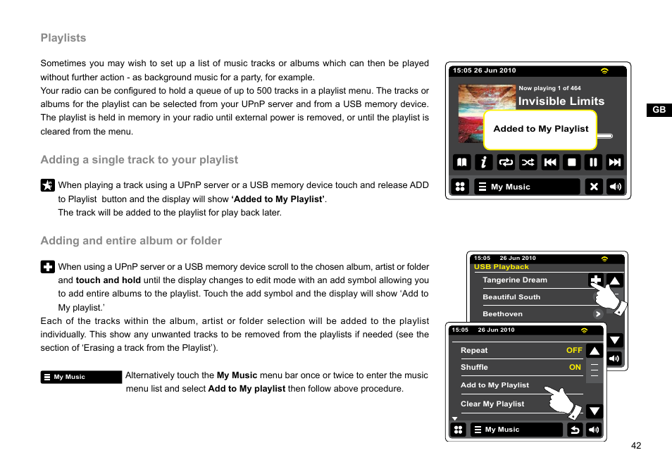 Playlists, Adding a single track to your playlist, Adding and entire album or folder | Invisible limits | Sangean WFT-2D (V1) User Manual | Page 43 / 80