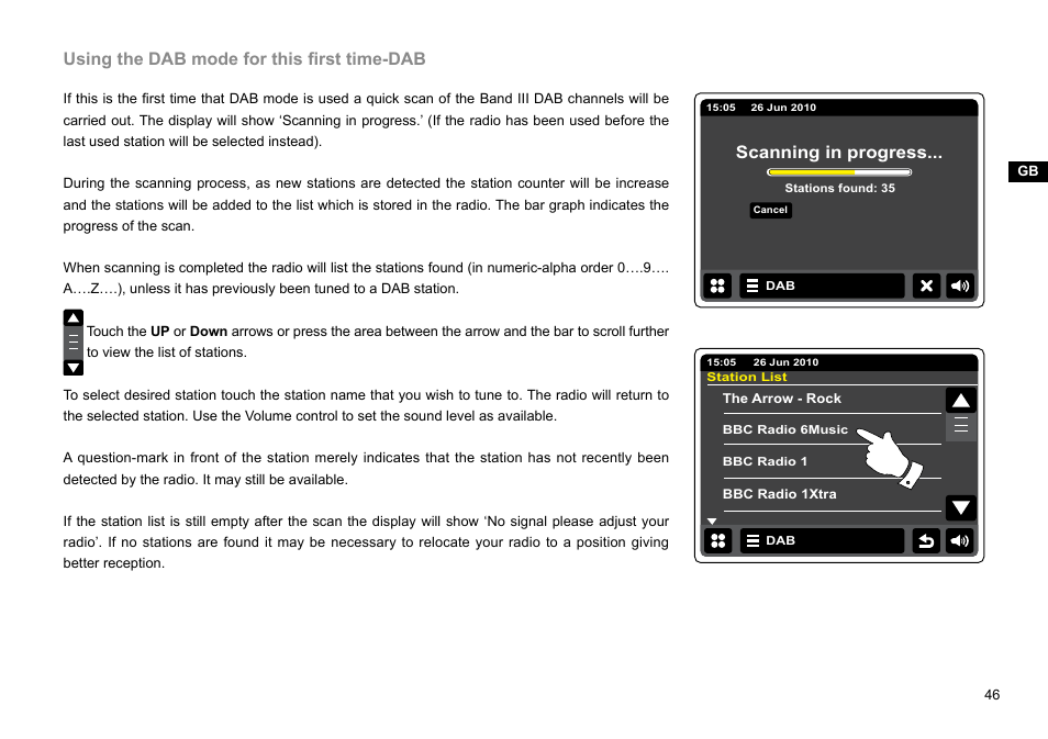 Using the dab mode for this first time-dab, Scanning in progress | Sangean WFT-2D (V1) User Manual | Page 47 / 80