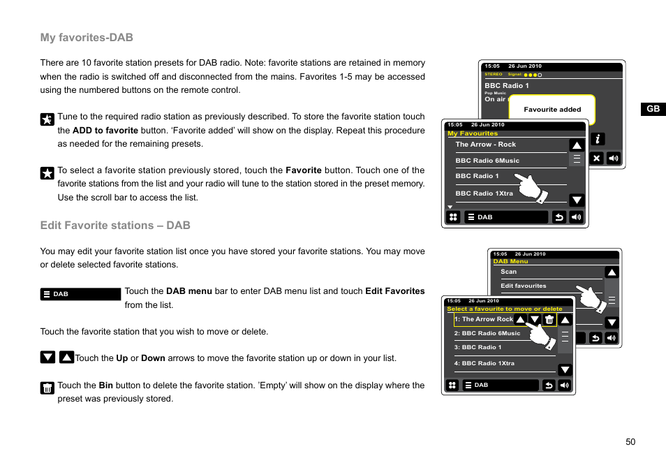 My favorites-dab, Edit favorite stations – dab | Sangean WFT-2D (V1) User Manual | Page 51 / 80