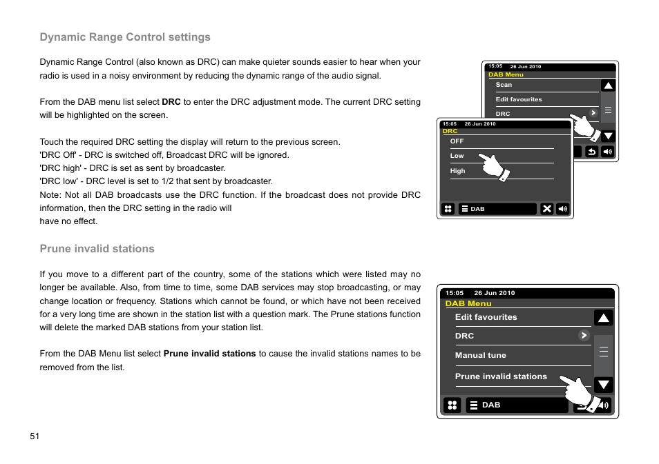 Dynamic range control settings, Prune invalid stations | Sangean WFT-2D (V1) User Manual | Page 52 / 80