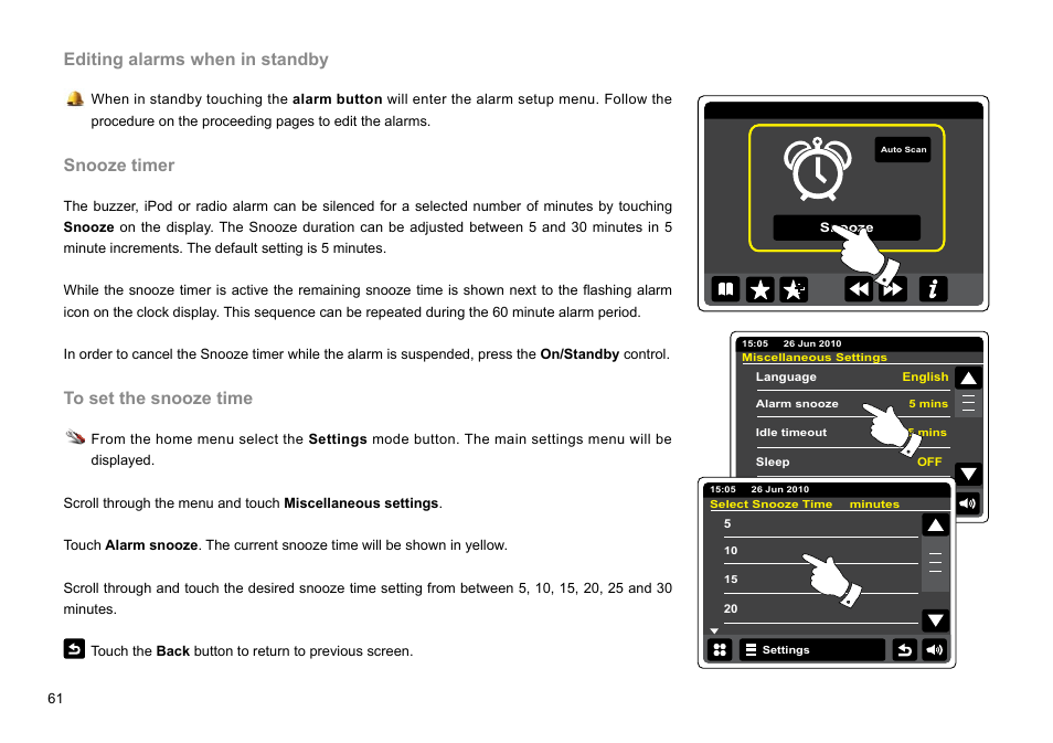 Editing alarms when in standby, Snooze timer | Sangean WFT-2D (V1) User Manual | Page 62 / 80