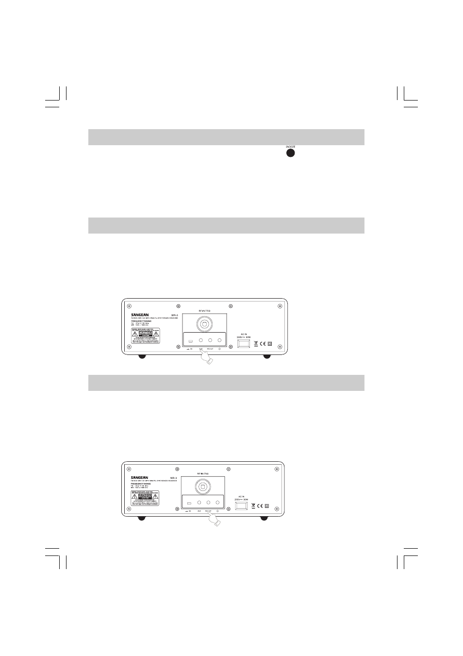 Snooze function, Aux in socket (3.5mm jack), Record out (line out) socket (3.5mm jack) | Sangean WR-3 (V1) User Manual | Page 20 / 22