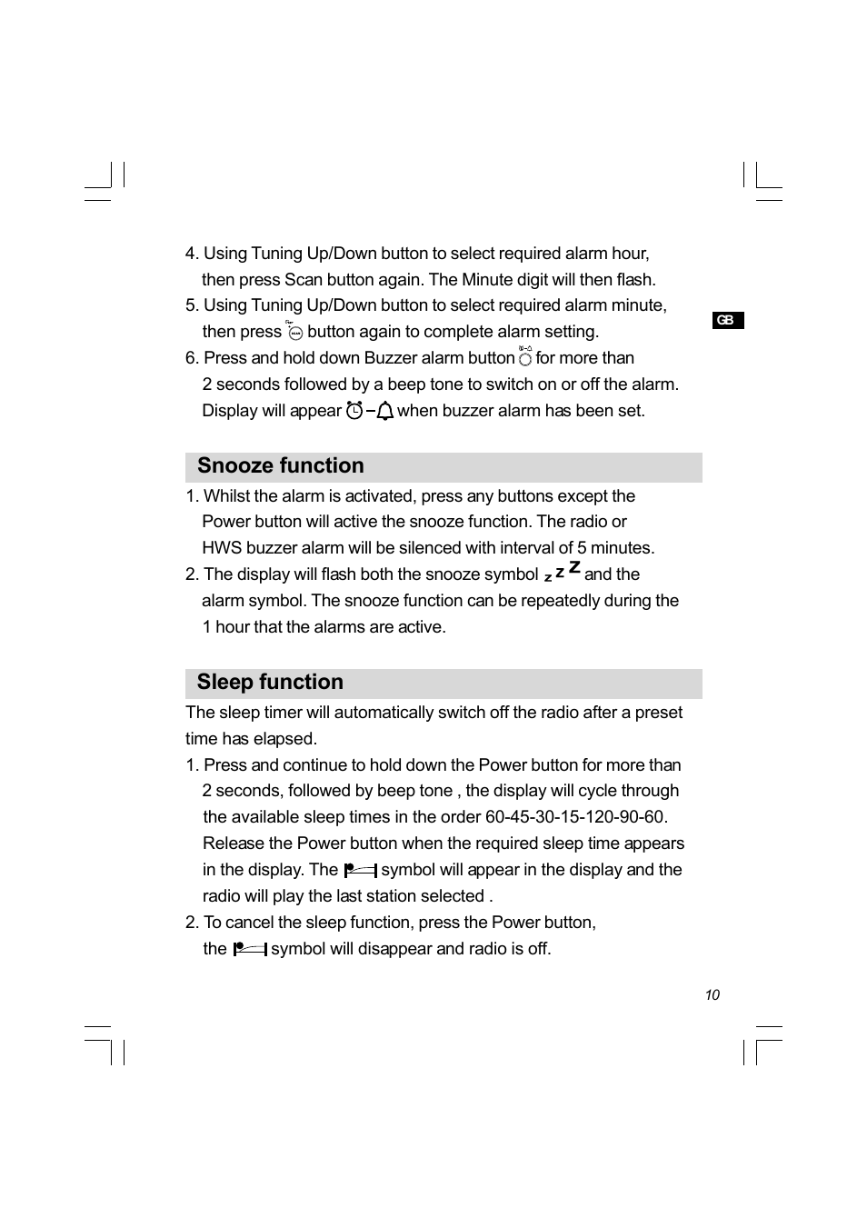 Snooze function, Sleep function | Sangean Package PR-D4 (R1) User Manual | Page 11 / 13