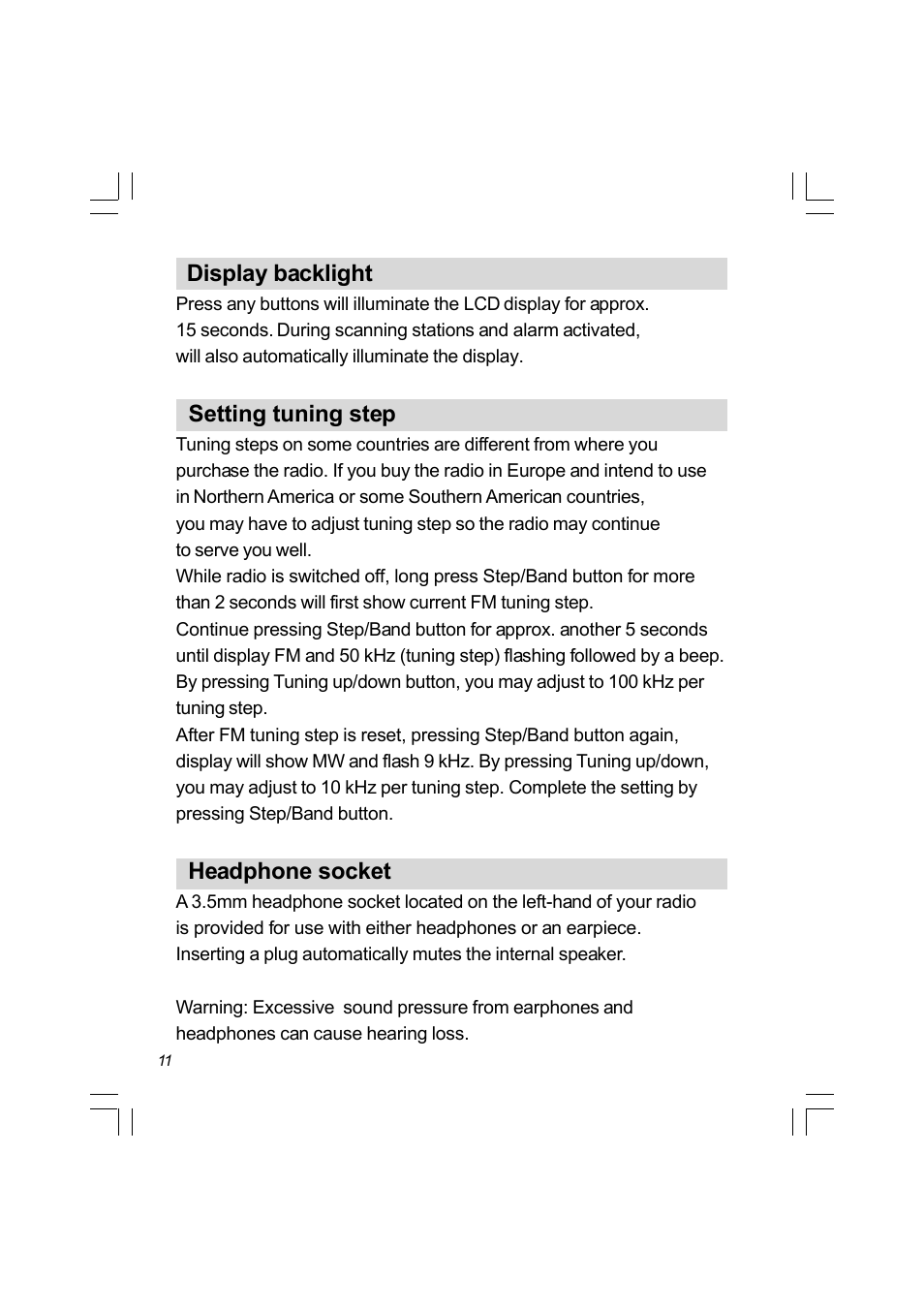 Display backlight, Setting tuning step, Headphone socket | Sangean Package PR-D4 (R1) User Manual | Page 12 / 13